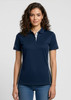 A navy women's short sleeve polo shirt featuring a white collar and subtle logo details.