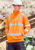 Unisex hi-vis pullover in bright orange, featuring reflective strips and a quarter zip. Includes a logo on the sleeve.