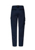 A pair of navy work pants featuring side pockets and a logo on the waistband.