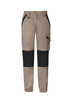 A pair of women's work pants in beige with black panels, featuring pockets and an elasticated cuff.