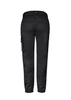 A pair of black women's work pants with a cargo style and elastic cuffs, featuring a logo on the back.