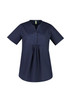 A navy blue women's tunic scrub top with a buttoned placket and short sleeves, featuring a relaxed fit.