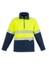 Unisex hi-vis polar fleece pullover in fluorescent yellow and navy, featuring reflective hoop tape and a zippered collar.