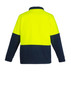 A unisex polar fleece pullover featuring a bright yellow upper section and navy lower section, with a collar and long sleeves.
