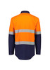 A spliced work shirt featuring orange and navy colours with reflective hoop tape details and a logo.