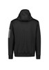 A black unisex water-resistant hoodie featuring a hood and a sleeve logo. The back view showcases a sleek design.