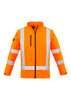 A high visibility orange softshell jacket with reflective stripes, featuring a zip pocket and a collar.