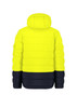 A unisex hooded puffer jacket in bright yellow and navy, featuring a logo on the sleeve.