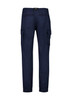 Navy blue cuffed work pants featuring multiple side pockets and a logo. Suitable for workwear and outdoor activities.