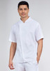 A short sleeve chef jacket in white, featuring a stand-up collar and a fitted design. The model stands against a neutral background.