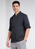A long sleeve chef jacket in black, featuring a sleek design and rolled-up sleeves, with a logo on the arm.