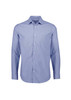 A long sleeve button-up shirt featuring a classic striped design in blue tones. The shirt has a chest pocket and a logo.
