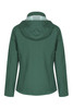 A green soft shell jacket with a hood, featuring a fitted design and a sleek back view. It has a logo on it.