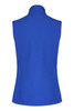 A blue women's vest featuring a high collar and a fitted design, with a branding logo on the back.