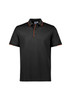 A black short sleeve polo shirt featuring orange accents and a logo on the chest.