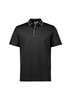 A black short sleeve polo shirt featuring a contrasting collar and logos. Suitable for casual or smart-casual wear.