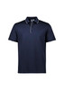A navy short sleeve polo shirt with contrasting collar and sleeves, featuring a logo on the chest.