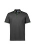 A grey men's short sleeve polo shirt with green accents and a collar featuring a logo.
