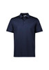 A navy short sleeve polo shirt featuring a collar and a front button placket. The shirt includes a logo on it.