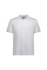 A white short sleeve polo shirt featuring a collar and a logo.