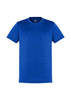 A blue short sleeve tee with a round neckline and a logo on the inside label.