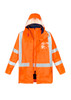An orange waterproof jacket featuring reflective stripes, a hood, and a logo on the front. It has a layered design.
