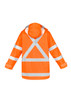 An orange waterproof jacket featuring reflective strips and a hood, with a logo on the fabric.