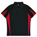 A black polo shirt featuring red accents and a logo, designed for kids.