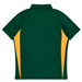 A green polo shirt with yellow side panels and a collar. The back view features a logo on the upper section.
