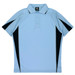 A light blue polo shirt featuring black accents and a collar. It has a branded logo.