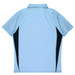 A light blue polo shirt featuring dark side panels and a collar, with a logo on the front.