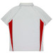 A white polo shirt with red side panels and a collar, featuring a logo on the back.
