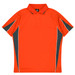 An orange polo shirt featuring grey panels and a branding logo. Ideal for casual wear or sports activities.