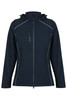 A dark blue soft shell jacket with a hood, featuring zippered pockets and contrasting stitching. It has a logo.