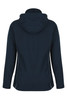 A dark navy soft shell jacket with a hood, featuring a sleek design and contrasting side seams.