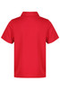 A red polo shirt with a collar and short sleeves. Features a branded logo.