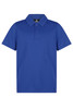 A blue polo shirt with a buttoned collar and short sleeves. It features a logo on the collar.