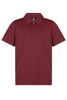 A maroon polo shirt with a collar and three buttons, featuring a logo on the chest.