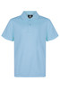 A light blue polo shirt featuring a collar and a button placket, with a logo on the upper side.