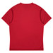 A red t-shirt with short sleeves and a plain back, featuring a logo on the upper back.