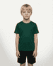 A green T-shirt designed for kids, displayed on a child standing against a plain background.