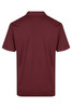 A maroon polo shirt displayed from the back, featuring a collar and short sleeves. It includes a logo.