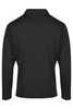 A black polo shirt with long sleeves, featuring a collar and a logo. The back view is displayed.