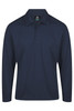 A men's long-sleeve polo shirt in navy blue with a collar and three buttons, featuring a logo.
