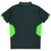 A dark green polo shirt with vibrant green side panels. It features a collar and a smooth fabric texture.