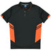 Black polo shirt with orange side panels and a collar, featuring a logo on the chest.