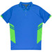 A blue polo shirt with green accents and a collar, featuring a logo on the chest.