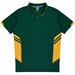 A green and gold polo shirt featuring a collar and contrasting side stripes, with a logo on the chest.