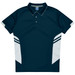 A navy blue polo shirt featuring white panels and stripes, designed for kids, with a collar and buttons.