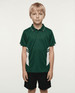 A green polo shirt with white accents, featuring a logo, worn by a child standing against a plain background.